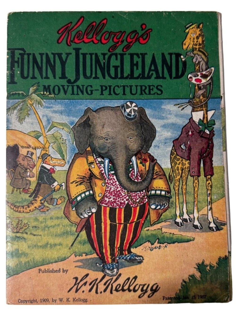 1909 W K Kellogg Funny Jungleland Moving Picture Book Flip Pages Elephant Animal